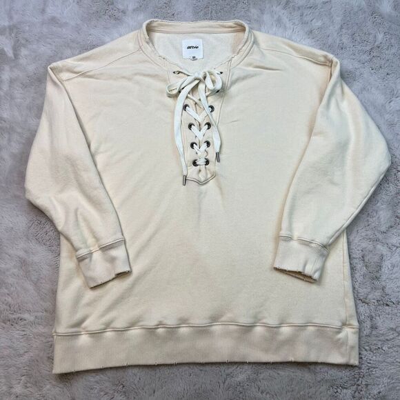 Aerie Soft Sweater Beige Tie Front Size Small Oversized Sweatshirt Distressed - Picture 2 of 10